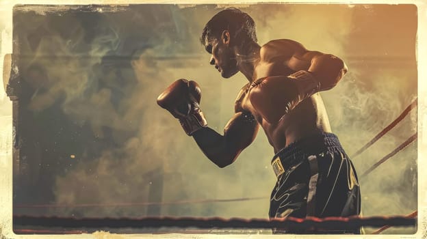 Young boxer is standing in a boxing ring, raising his gloved fists in a fighting stance. The image has a vintage, gritty aesthetic