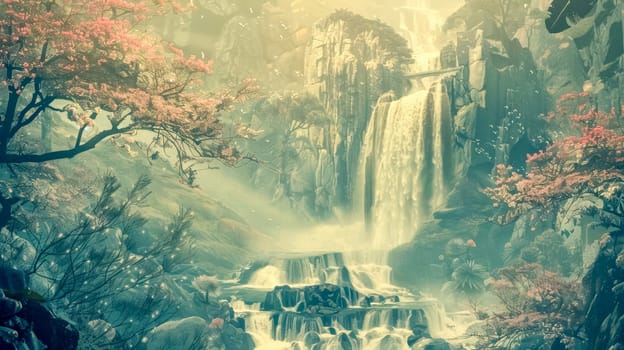 Water cascading down a rocky mountainside, creating a series of waterfalls surrounded by lush green forest and blooming trees. This serene landscape evokes peace and tranquility