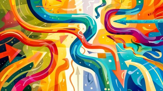 Vibrant abstract with colorful arrows flowing and intertwining, ideal for tech and creative projects