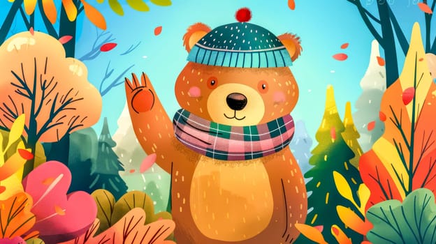 Friendly bear in a cozy hat and scarf waves in a vibrant autumn forest, surrounded by colorful leaves and trees