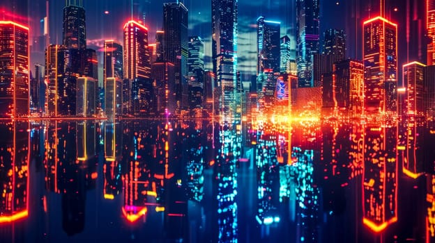 Futuristic cityscape with neon lights illuminating the skyline and reflecting in the water below, blending modern technology with fantasy in a cyberpunk metropolis
