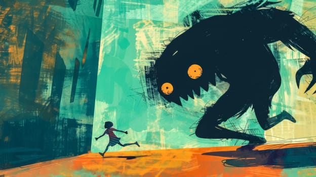 Brave girl running from a scary monster, symbolizing fear and anxiety. Dark, surreal painting conveys stress and panic in childhood nightmares