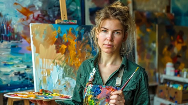 Woman is standing in her art studio, wearing an artist's smock and holding a paintbrush and palette covered in colorful oil paints