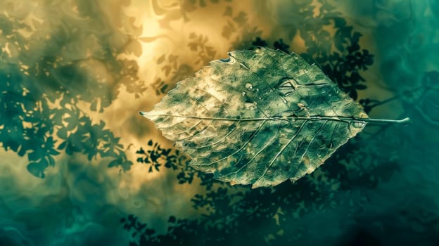 Single dry leaf with water drops is floating on the water surface with a reflection of a tree branch. The colors are turquoise, yellow and green