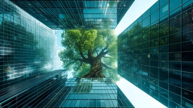 Large tree growing between skyscrapers represents the concept of sustainable urban development and the importance of green spaces in modern cities