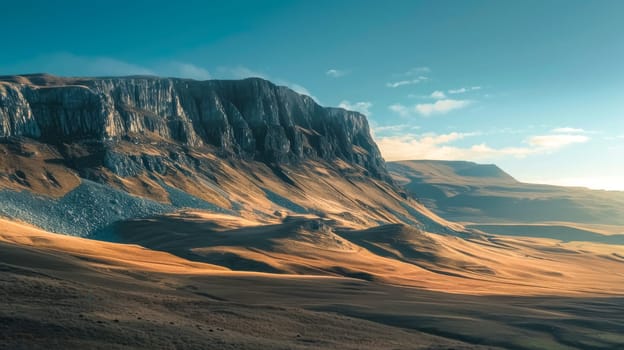 Sunlight illuminating a vast mountain valley landscape, casting long shadows across the golden grasslands and highlighting the rugged cliffs
