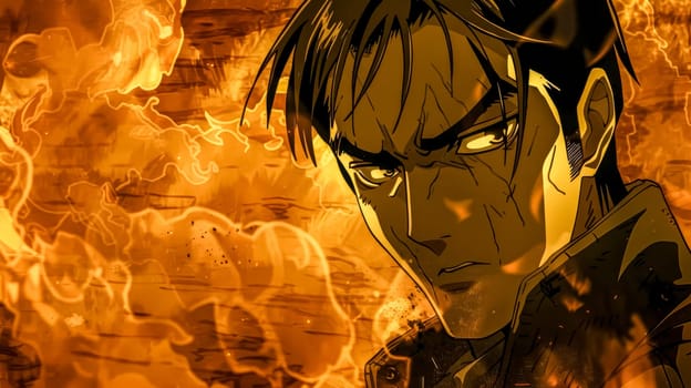 Anime male character with an intense expression is surrounded by fire, showcasing his unwavering resolve and determination