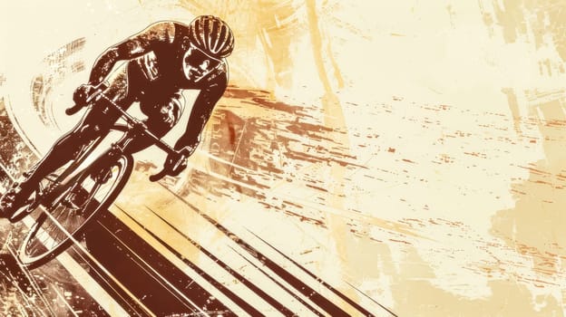 Sepia toned illustration of a professional cyclist riding his road bicycle with speed, grunge banner design with copy space
