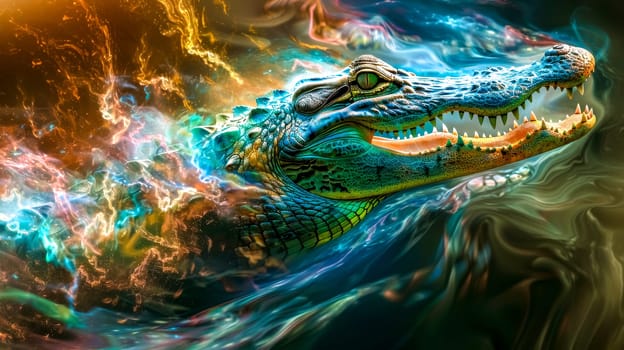 Colorful illustration of a powerful crocodile emerging from vibrant blue, orange and yellow water with its mouth open showing sharp teeth