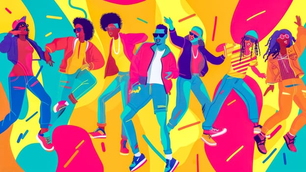 Exciting illustration of lively dancers on vibrant background exudes celebration. Youth. And music. Radiating energy and joy in trendy urban setting. Perfect for modern. Cool vibe with pop art flair