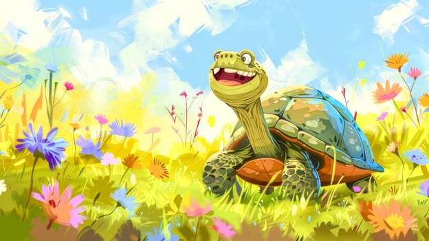 Cartoon turtle smiling and walking in a field of colorful flowers on a beautiful sunny day. This cheerful illustration evokes joy and the beauty of nature