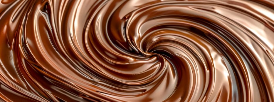 Smooth, glossy melted chocolate is swirling forming a mesmerizing spiral. This delicious background is perfect for any project related to chocolate, desserts, or indulgence