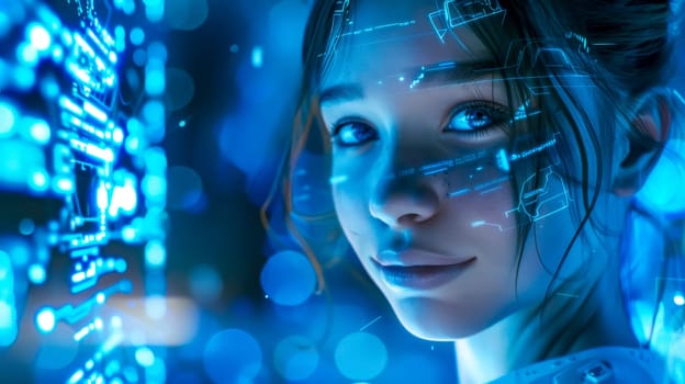 Woman with a futuristic digital interface projected on her face, suggesting advancements in augmented reality and human-computer interaction