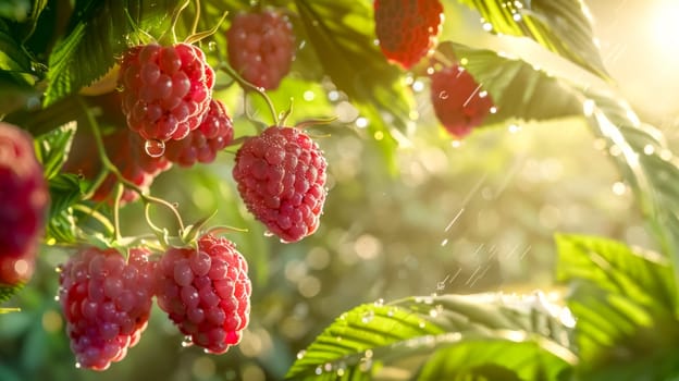 Fresh raspberries are getting wet from the rain on a sunny summer day. The image is ideal for concepts such as fruit, nature, and freshness