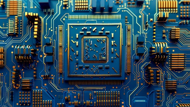 Blue printed circuit board, top view. AI generated