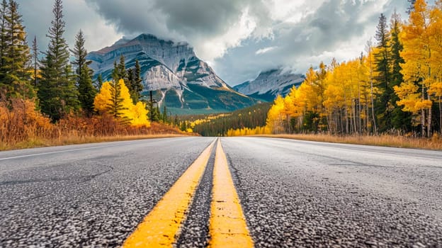Asphalt road with double yellow lines. Highway with mountains and autumn forest. Road travel coancept. AI generated