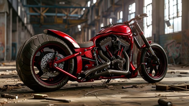 Custom red chopper motorcycle standing in an abandoned creative workshop.  AI generated