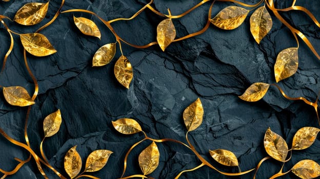 Shiny glossy golden leaves creatively arranged on black stone  background.Trendy luxury border frame flat-lay design. AI generated