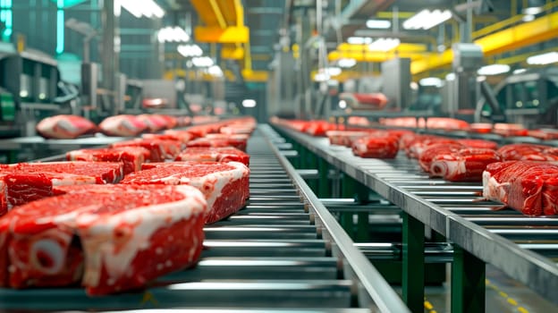 Thick cuts of raw meat on conveyor belt on factory line. Food industry. AI generated