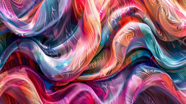 Abstract image of colorful silk fabric flowing in waves, creating an elegant and artistic pattern. The vibrant colors and flowing lines evoke a sense of movement and energy