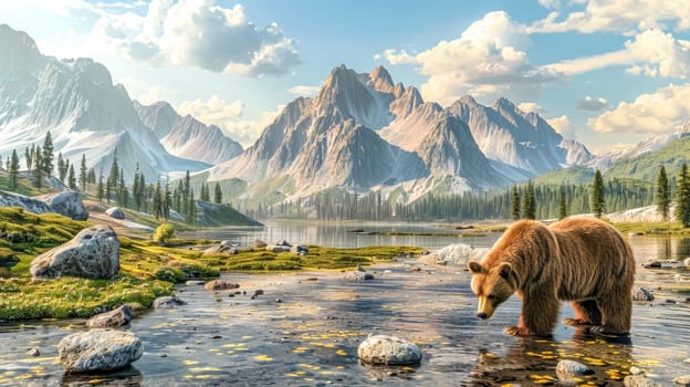 Majestic brown bear peacefully wading through crystal-clear waters in a mountain lake at sunrise, surrounded by serene nature. Capturing the essence of wild wilderness in north america
