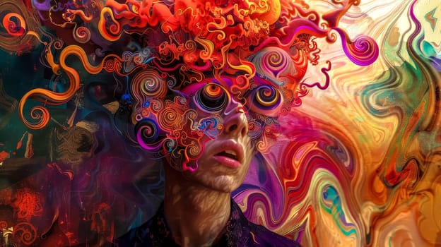 Abstract portrait of a young man with colorful swirls covering his face, depicting altered states of consciousness, psychedelic experiences, and mental health awareness