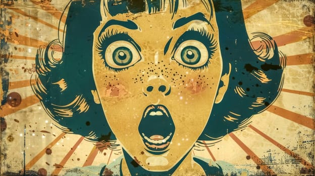 Vintage illustration of a woman with wide eyes and an open mouth, showing a shocked or surprised expression on a textured and grunge background