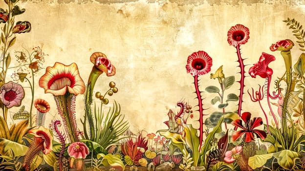 Detailed illustration of carnivorous plants growing in a lush tropical jungle with a vintage botanical illustration style and grunge textured background