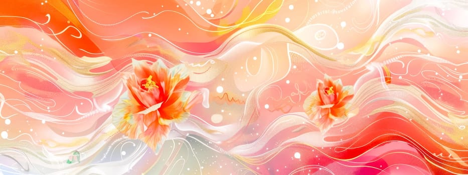 Artistic floral background featuring two detailed amaryllis flowers over a colorful abstract background made of swirling and wavy lines