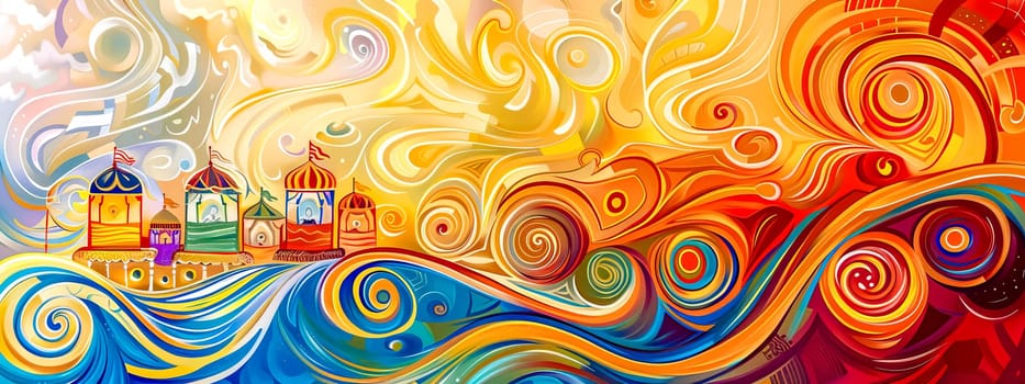 Colorful illustration depicting the chariots of the ratha yatra festival in india, moving on stylized blue and orange waves