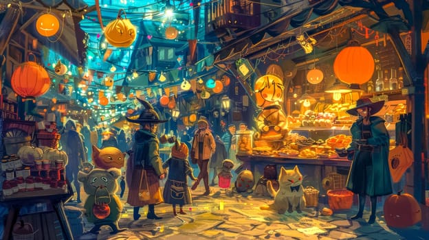 Magical market at night with cute creatures, wizards, and customers enjoying the festive ambiance, illuminated by lanterns and string lights