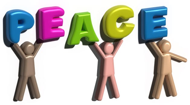 Drawn little men holding the word peace on isolated background, 3D rendering illustration