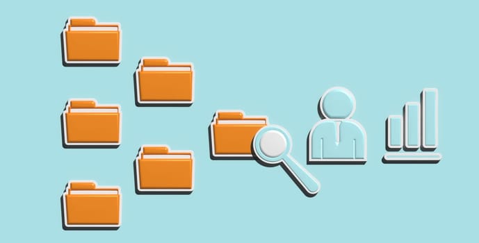 Structure of yellow folders, magnifying glass and inspector. Document control concept, 3D rendering illustration