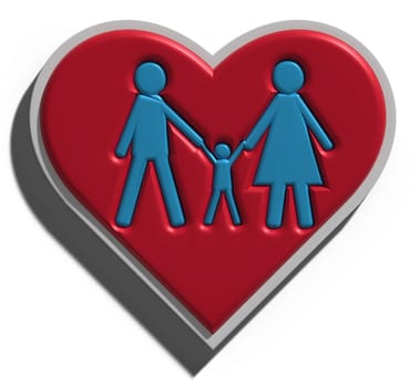 Family with red heart on isolated background, 3D rendering illustration
