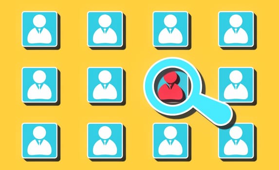 Company candidate icons and magnifying glass, search for talented employees, 3D rendering illustration