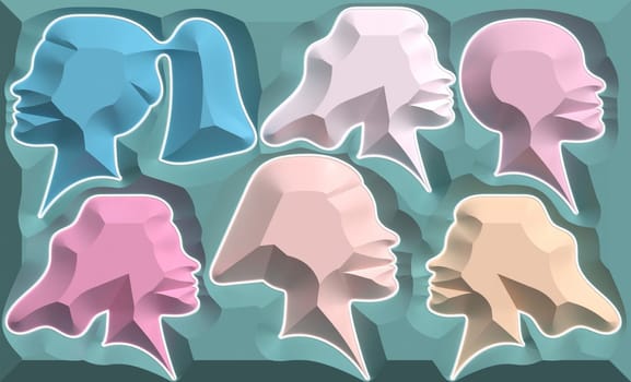 Women's silhouettes with different hairstyles on a blue background, 3D rendering illustration