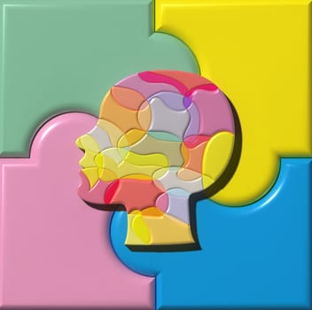 Silhouette of a female head consisting of multi-colored figures on a background of puzzles, mental health. 3D rendering illustration