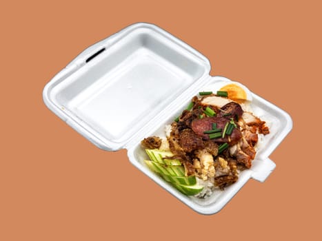 Rice with crispy and barbecued pork with rice in package for deliverly