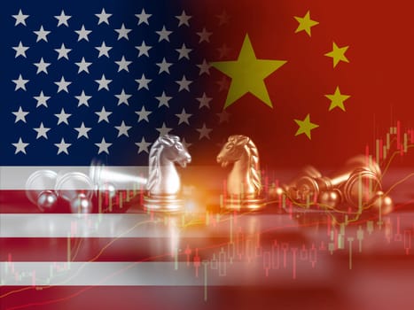 US America and China flags on chess on a chessboard, US and China trade war, USA and China trade relations, Symbol of tariff trade war tax barrier between United States of America and China.