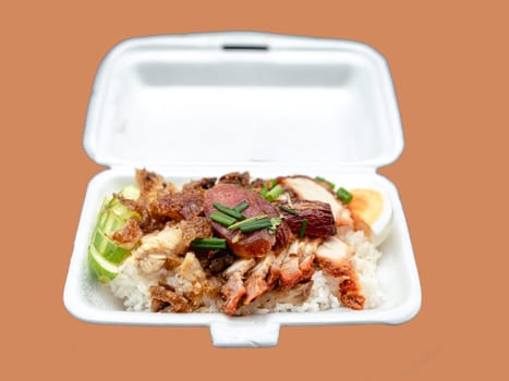 Rice with crispy and barbecued pork with rice in package for deliverly