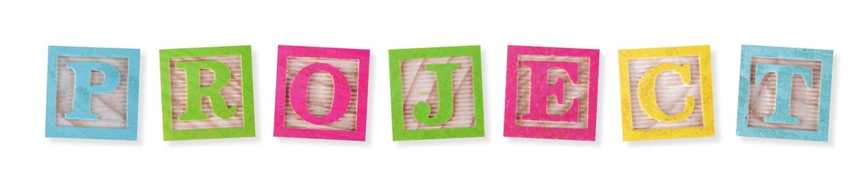 A project concept with childs wood blocks on white with clipping path to remove shadow
