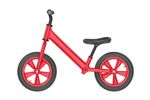 Side view of red balance bike, isolated on white background