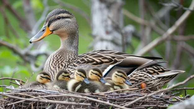 A close-up of a mother duck with ducklings in a natural setting. The image captures the nurturing care and maternal instinct of the mother duck as she protects her offspring in their nest