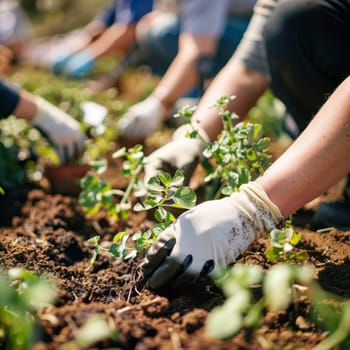 Close-up of hands planting seedlings in soil, community garden teamwork