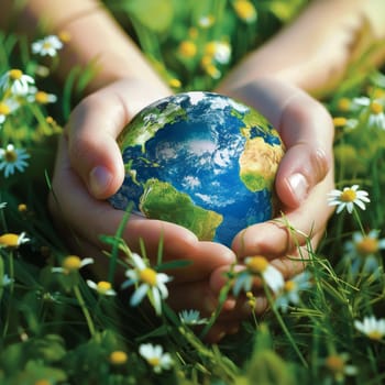 Hands cradling a globe among green grass and daisies, symbolizing care for the environment