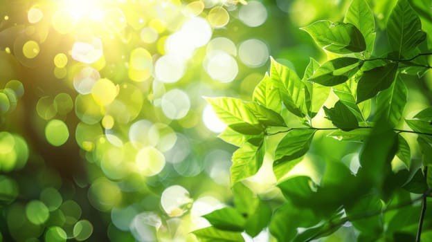 Bright green leaves with sunlight shining through them create a bokeh effect. Space for an inscription
