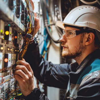 An electrician in a hard hat works on an industrial panel with wires