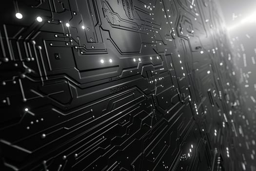 Close-up of a black circuit board with metallic lines and electronic components for technology backgrounds