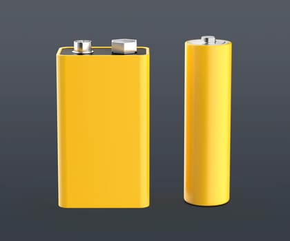 Yellow nine volt and AA size batteries on grey background