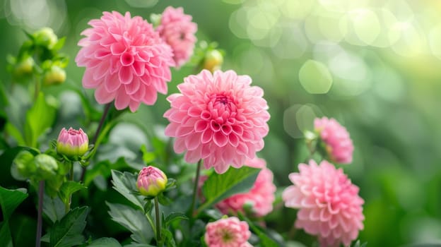 Vibrant pink dahlias in bloom with soft, sunlit bokeh background